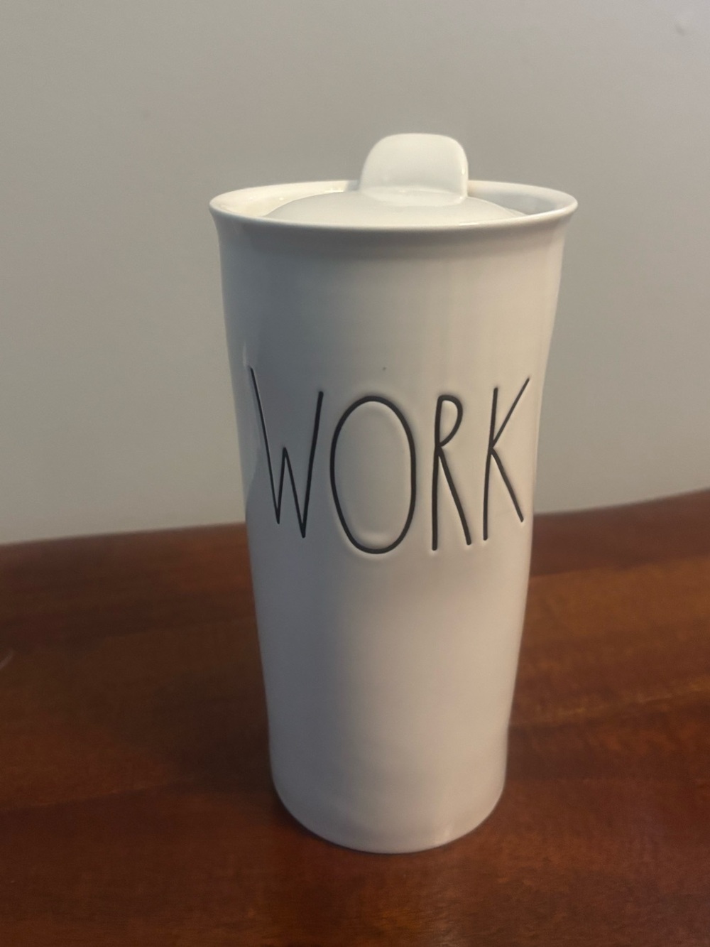 Rae Dunn White 'WORK' Ceramic Travel Mug with Lid